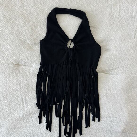 Women’s Black Fringe Halter Crop Top Medium M Festival Party Y2K Boho Halloween - Picture 1 of 9